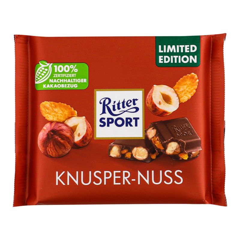 Шоколад Ritter Sport Knusper-Nuss зцільним фундуком і кукурудзяними пластівцями 100г